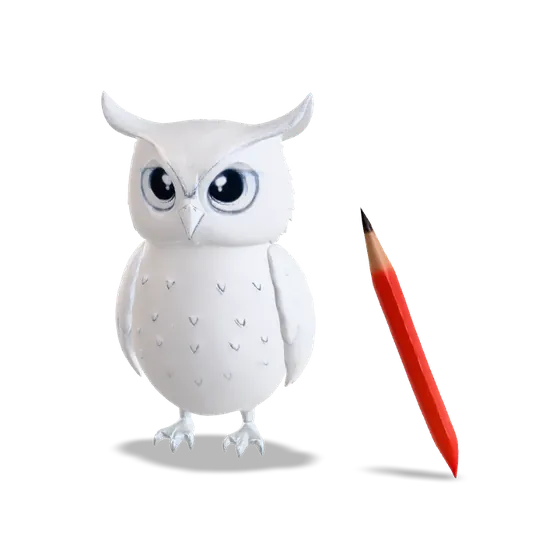 An owl model with the pencil from the drawing next to it